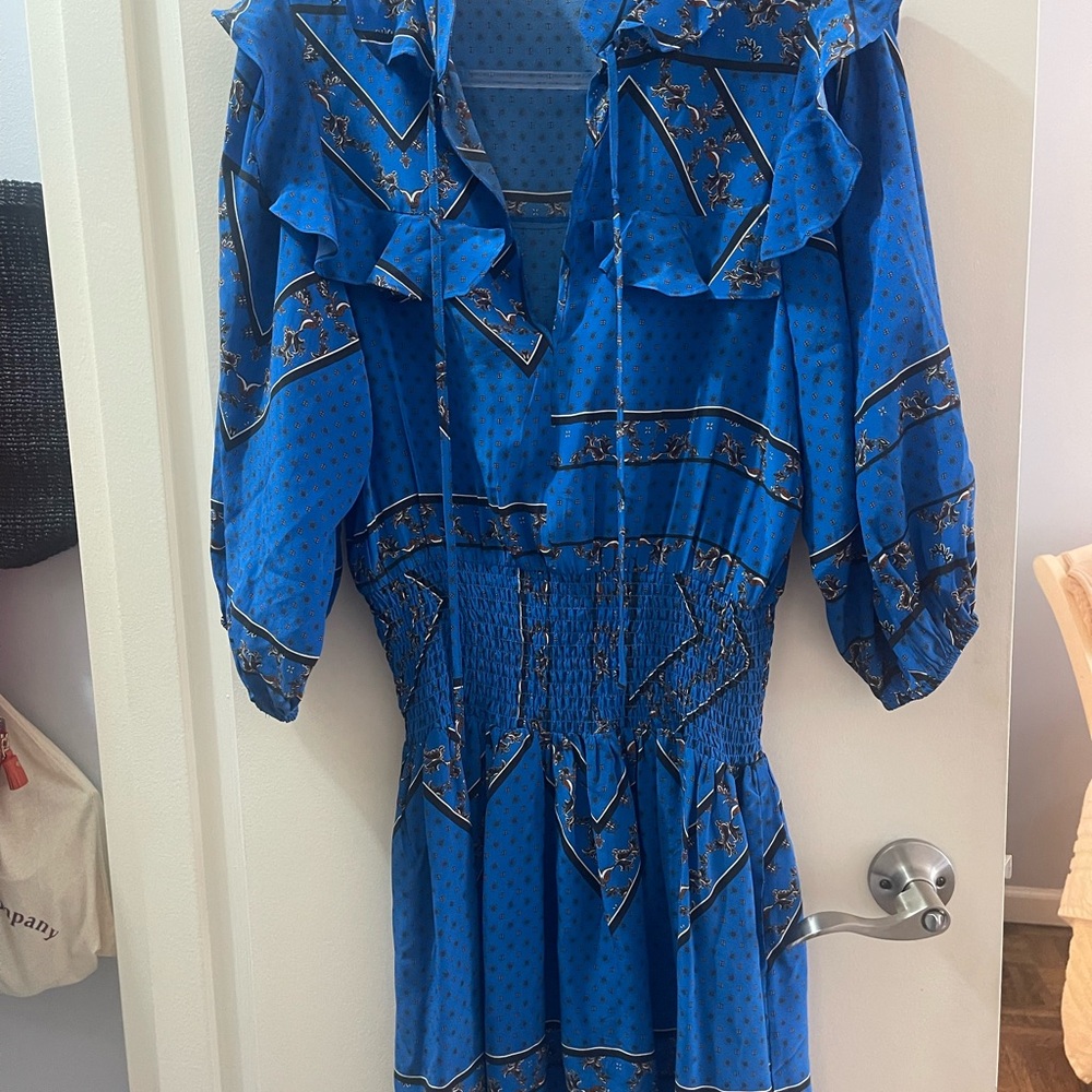 Ganni Electric Blue Ruffle-Detail Long Sleeve Dress